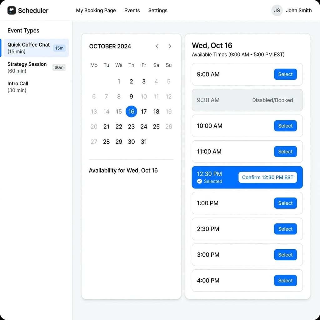 CalendMeet scheduling dashboard showing calendar with available time slots